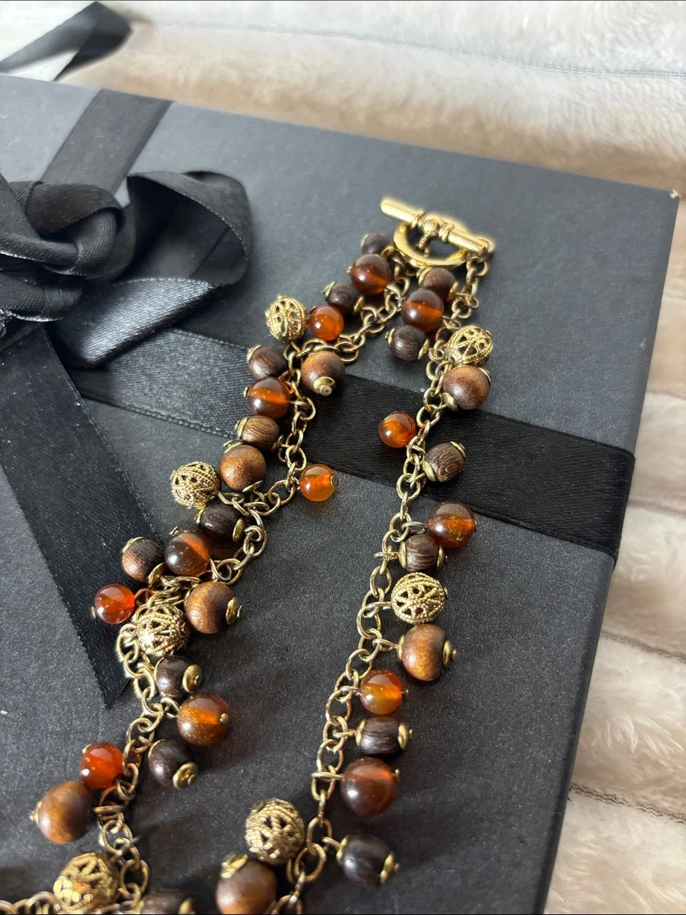 36” Multi-Strand Brown and Amber Bead Necklace